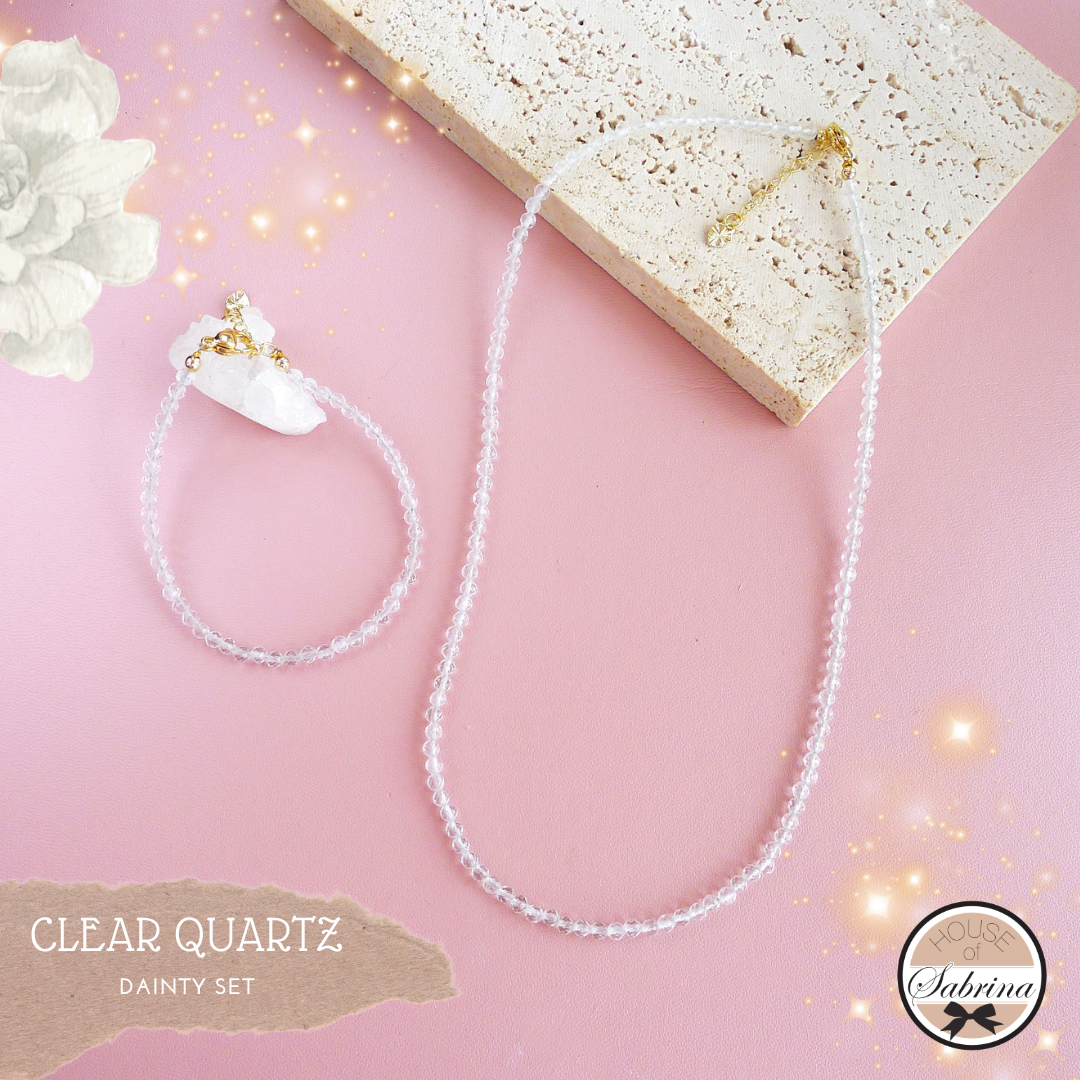 DAINTY 3MM CLEAR QUARTZ GEMSTONE BRACELET & NECKLACE