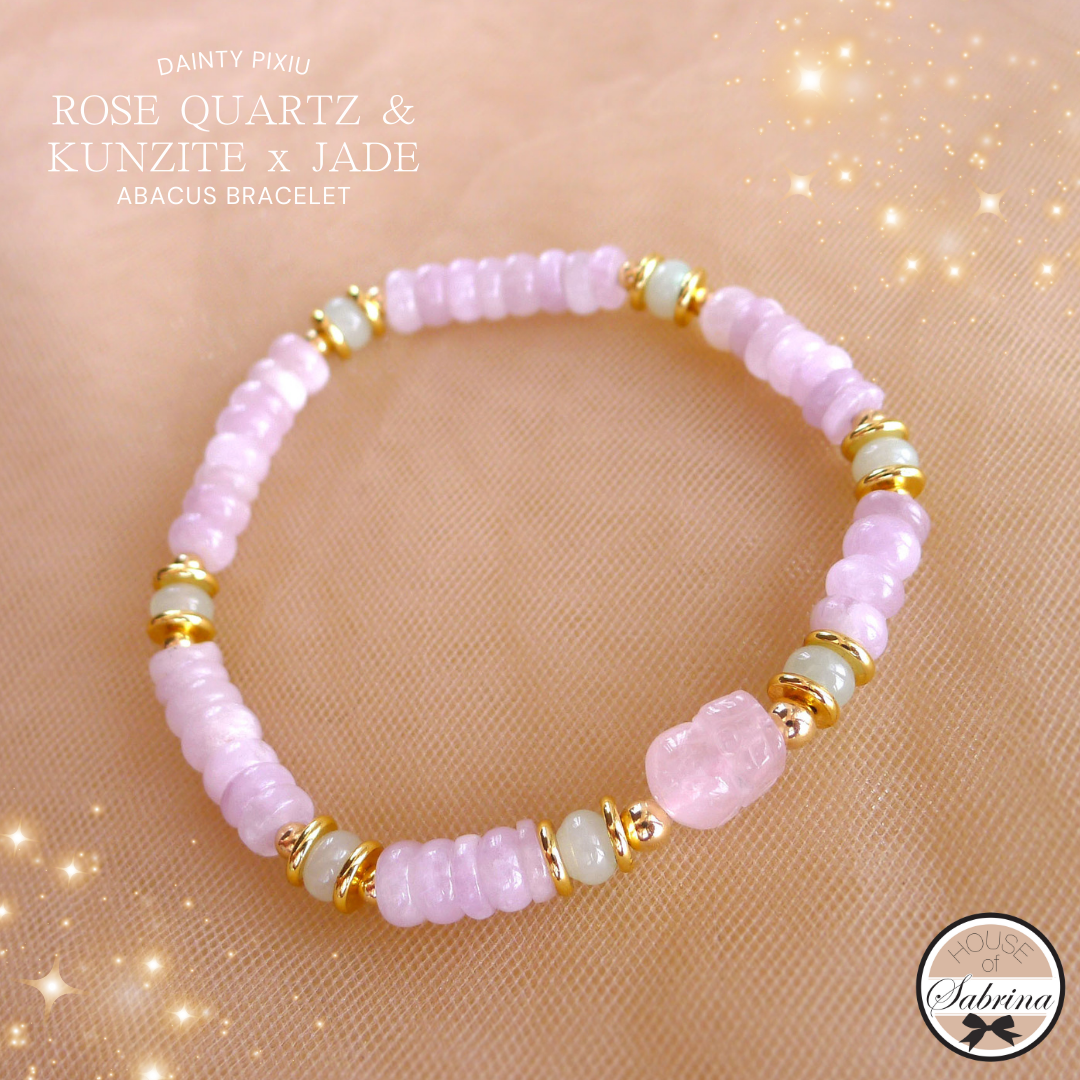 DAINTY PIXIU ROSE QUARTZ & KUNZITE X JADE ABACUS GEMSTONE LUCKY CHARM BRACELET