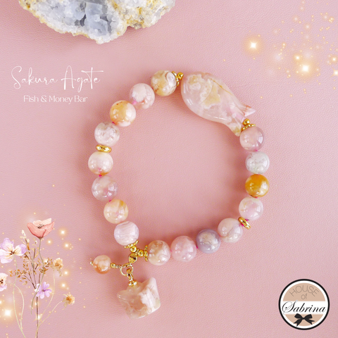 SAKURA AGATE FISH X MONEY BAR GEMSTONE LUCKY CHARM BRACELET