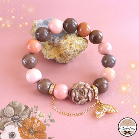 MERMAID X LOTUS PEACH CHOCOLATE ALASHAN AGATE GEMSTONE LUCKY CHARM BRACELET