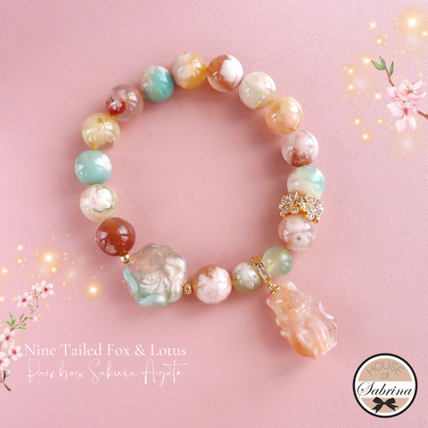 NINE TAILED FOX & LOTUS RAINBOW SAKURA AGATE GEMSTONE LUCKY CHARM BRACELET