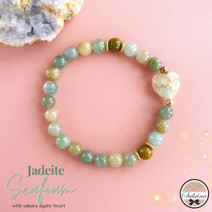 JADEITE SEAFOAM WITH HEART SAKURA AGATE GEMSTONE LUCKY CHARM BRACELET