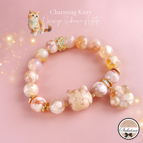 CHARMING KITTY ORANGE SAKURA AGATE GEMSTONE LUCKY CHARM BRACELET