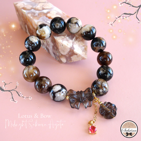 LOTUS & BOW MIDNIGHT SAKURA AGATE GEMSTONE LUCKY CHARM BRACELET