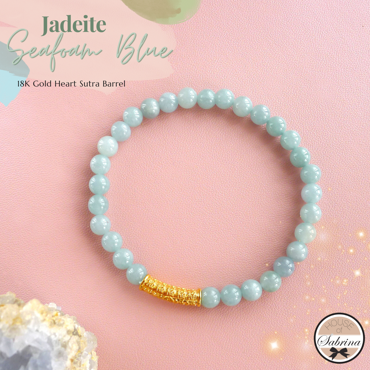 SEAFOAM BLUE JADEITE WITH 18K GOLD HEART SUTRA BARREL LUCKY CHARM GEMSTONE BRACELET