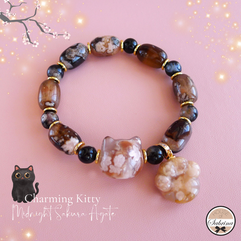 Charming Kitty Midnight  Sakura Agate Gemstone Lucky Charm Bracelet