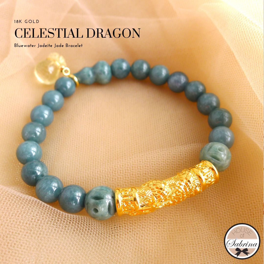 18k GOLD CELESTIAL DRAGON WITH HIGH GRADE BLUEWATER JADEITE JADE GEMSTONE LUCKY CHARM BRACELET