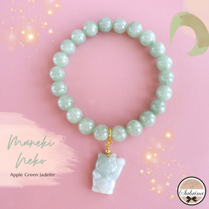 High Grade Apple Green Burmese Jadeite with Maneki Neko Gemstone Lucky Charm Bracelet