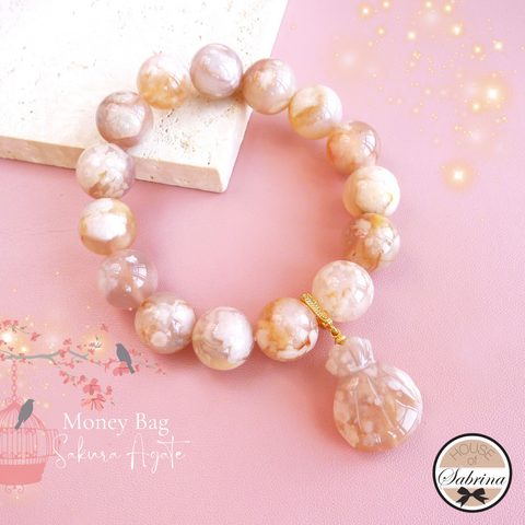 CHUNKY SAKURA AGATE WITH MONEY BAG GEMSTONE LUCKY CHARM BRACELET