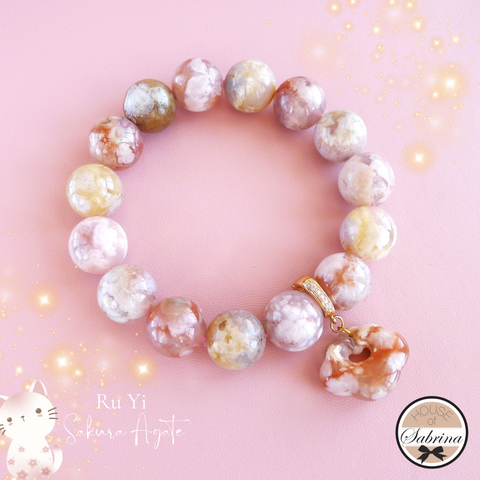 CHUNKY SAKURA AGATE WITH RU YI GEMSTONE LUCKY CHARM BRACELET