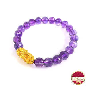 24K Gold Medium Pi Yao Charm in Faceted Crystal Amethyst Bracelet