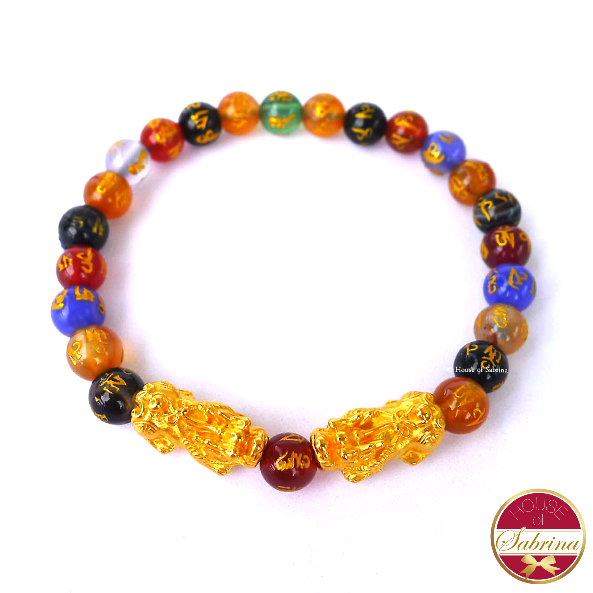 24K Gold Small Double Pi Yao  in Multigemstone Mantra Bracelet