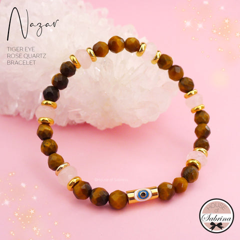 NAZAR (EVIL EYE PROTECTION) with FACETED TIGER EYE AND ROSE QUARTZ GEMSTONE BRACELET