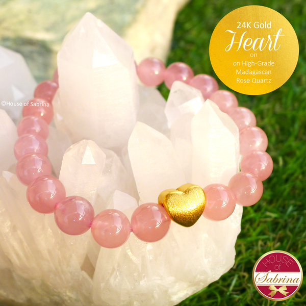 24K Gold Heart + Madagascan Rose Quartz Gemstone Bracelet