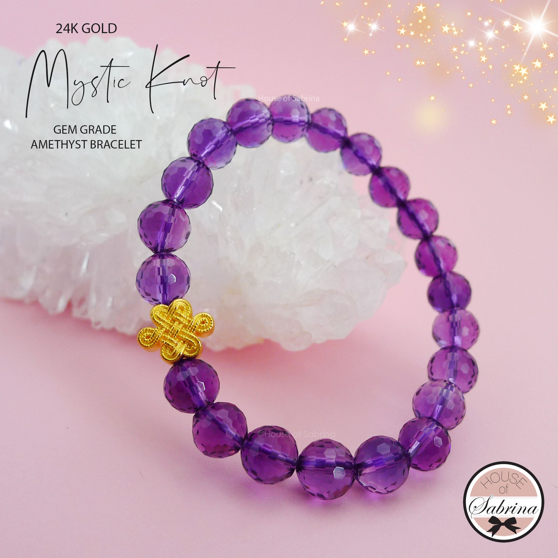 24K GOLD MYSTIC KNOT on GEM GRADE FACETED AMETHYST GEMSTONE LUCKY CHARM BRACELET