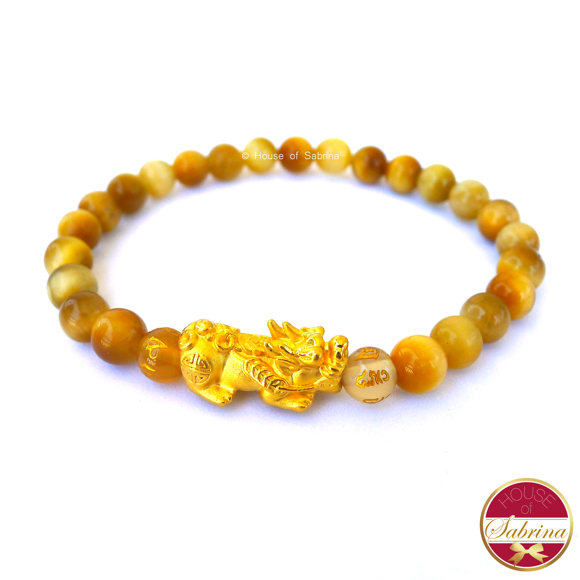 24K Gold Medium Pi Yao Charm in  Yellow Tiger Eye Bracelet