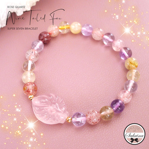 Rose Quartz Nine Tailed Fox with Super Seven Gemstone Lucky Charm Bracelet