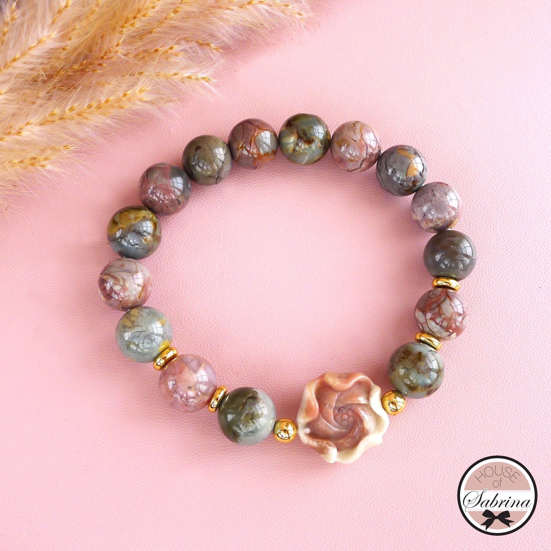 HIGH GRADE PEACH LOTUS ALASHAN AGATE GEMSTONE BRACELET