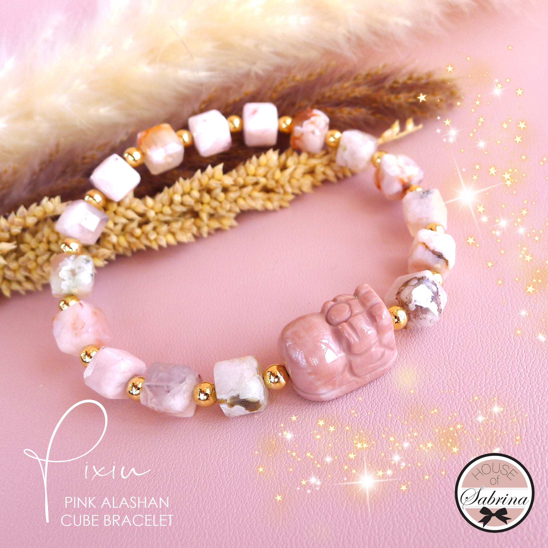 PINK PIXIU MILKSHAKE ALASHAN AGATE CUBE BRACELET