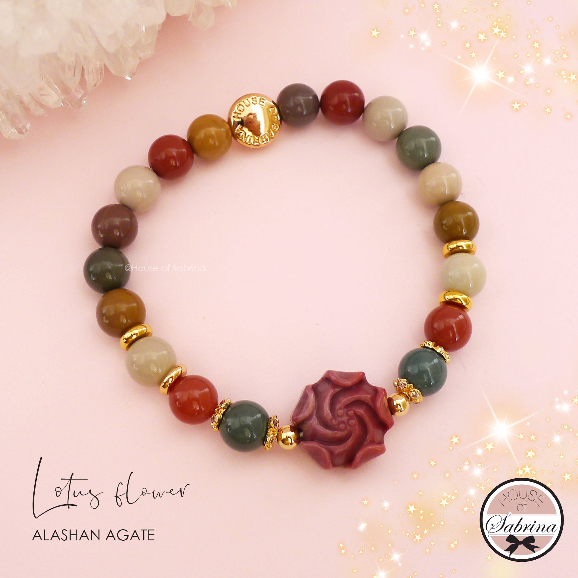 LOTUS FLOWER ALASHAN AGATE GEMSTONE BRACELET