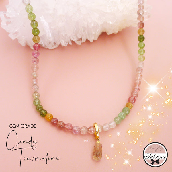 GEM GRADE CANDY TOURMALINE PIXIU CONVERTIBLE NECKLACE AND BRACELET