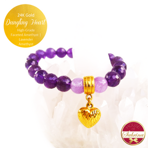 24K Gold Dangling Heart on High Grade Amethyst Gemstone Bracelet