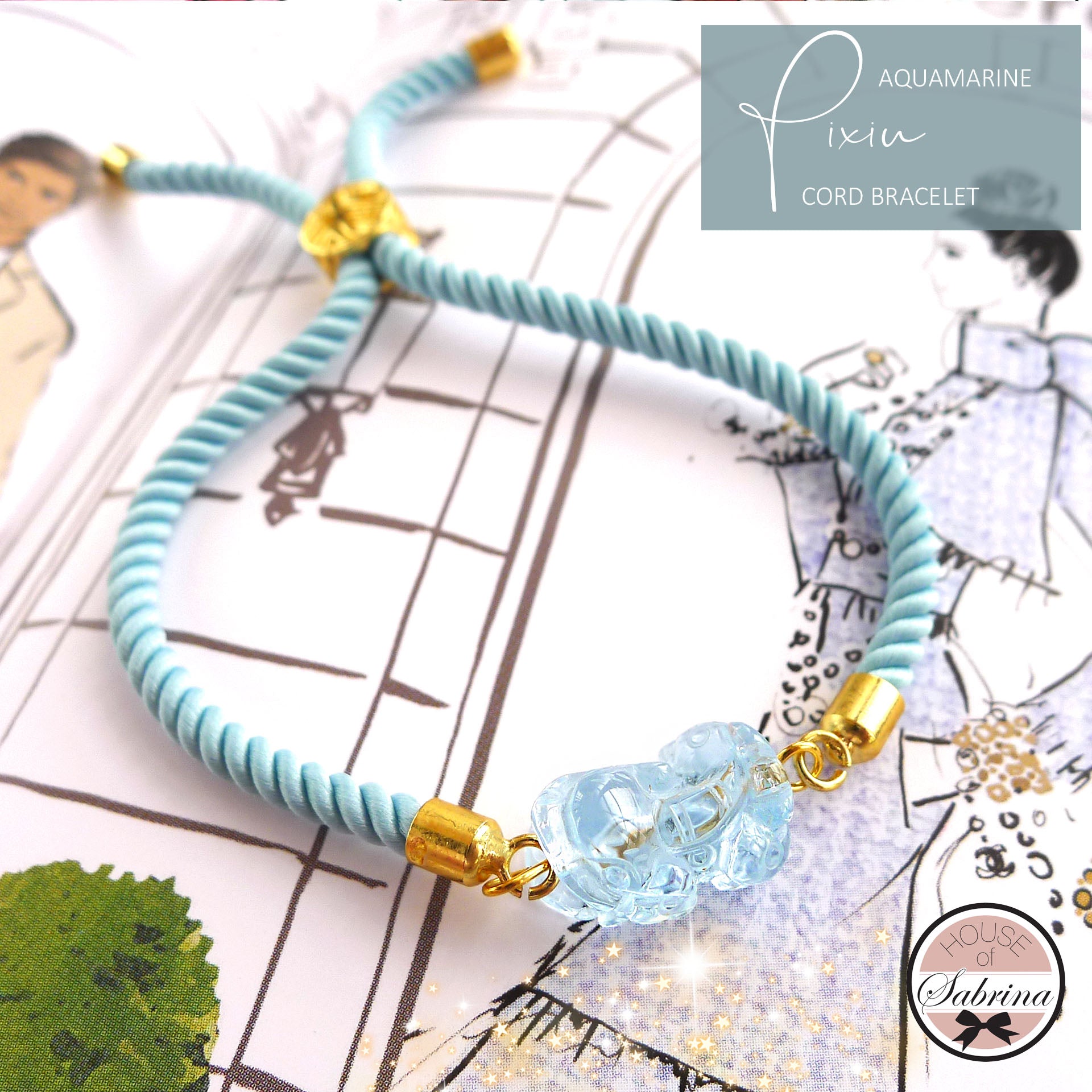 AQUAMARINE PIXIU STATEMENT CORD BRACELET