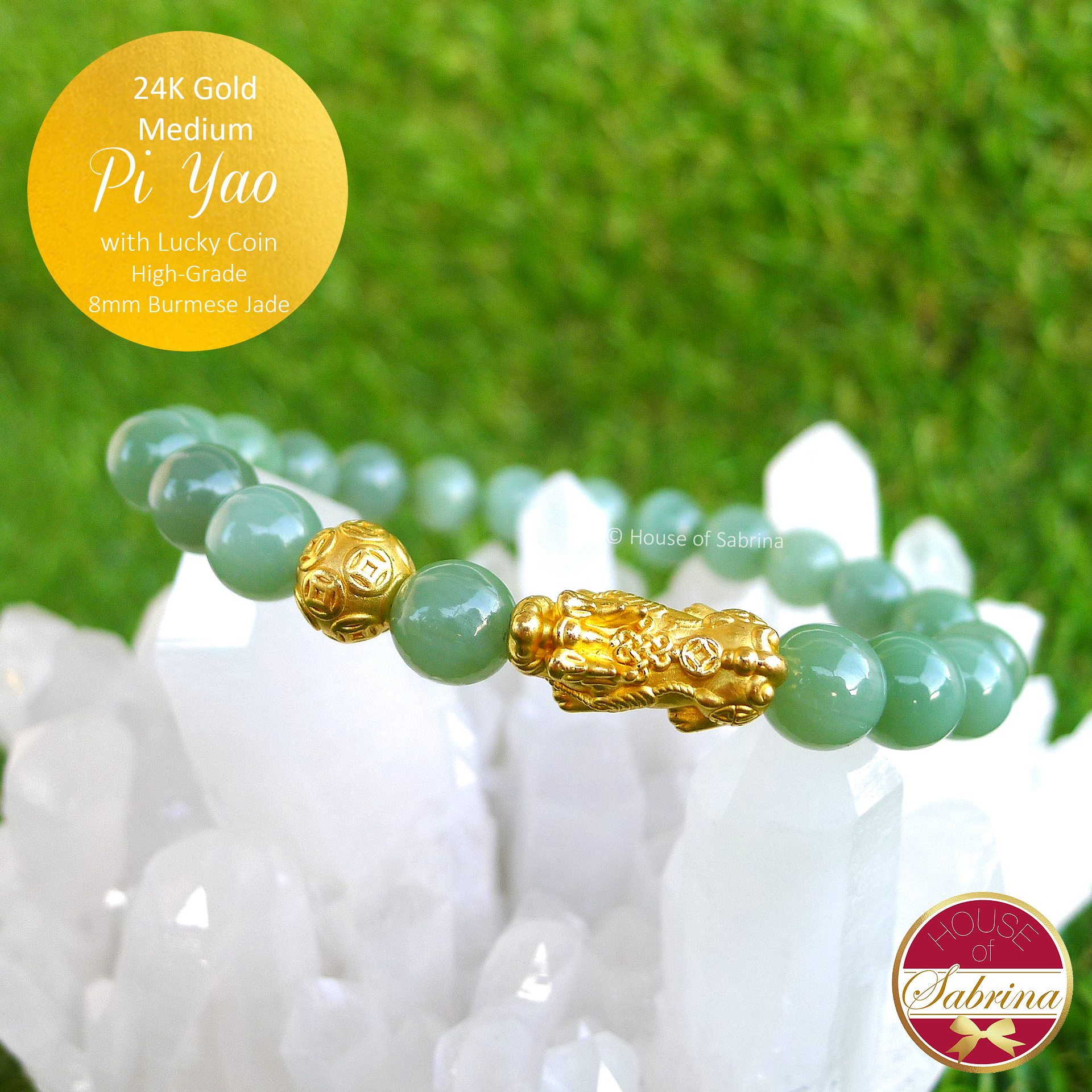 24K Gold Medium Pi Yao with Lucky Coin on High-Grade Burmese Jade Bracelet