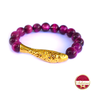 24K Gold Koi in Pink Tiger Eye Gemstone Bracelet