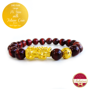 24K Gold Large Pi Yao with Fortune Coin on 8mm Blue Tiger Eye Gemstone Feng Shui Bracelet