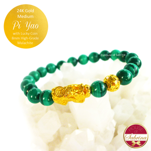 24K Gold Medium Pi Yao with Lucky Coin on High Grade Malachite Gemstone Bracelet