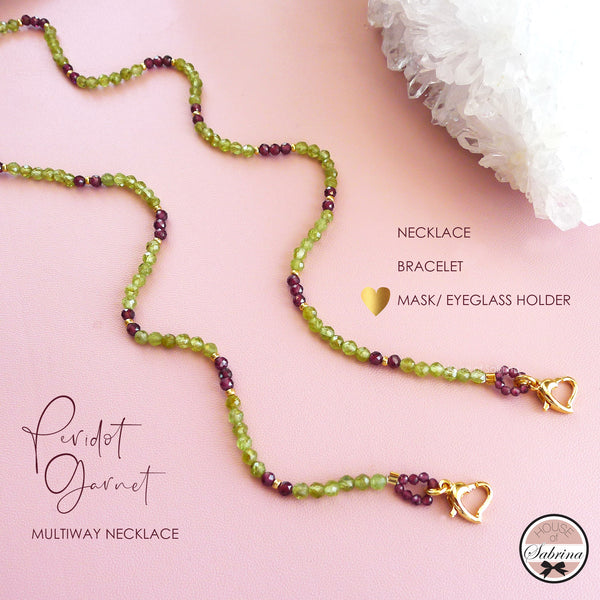 HIGH GRADE PERIDOT - GARNET MULTIWAY NECKLACE, BRACELET, MASK LANYARD, EYEGLASSES HOLDER