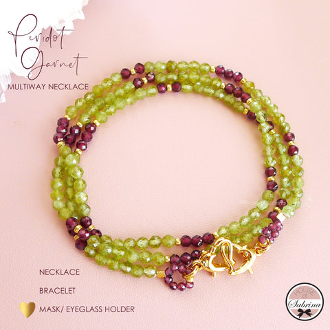 HIGH GRADE PERIDOT - GARNET MULTIWAY NECKLACE, BRACELET, MASK LANYARD, EYEGLASSES HOLDER