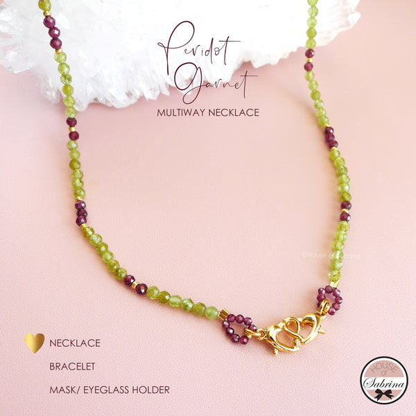 HIGH GRADE PERIDOT - GARNET MULTIWAY NECKLACE, BRACELET, MASK LANYARD, EYEGLASSES HOLDER