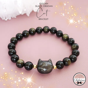 GOLDEN BLACK OBSIDIAN CAT GEMSTONE LUCKY CHARM BRACELET