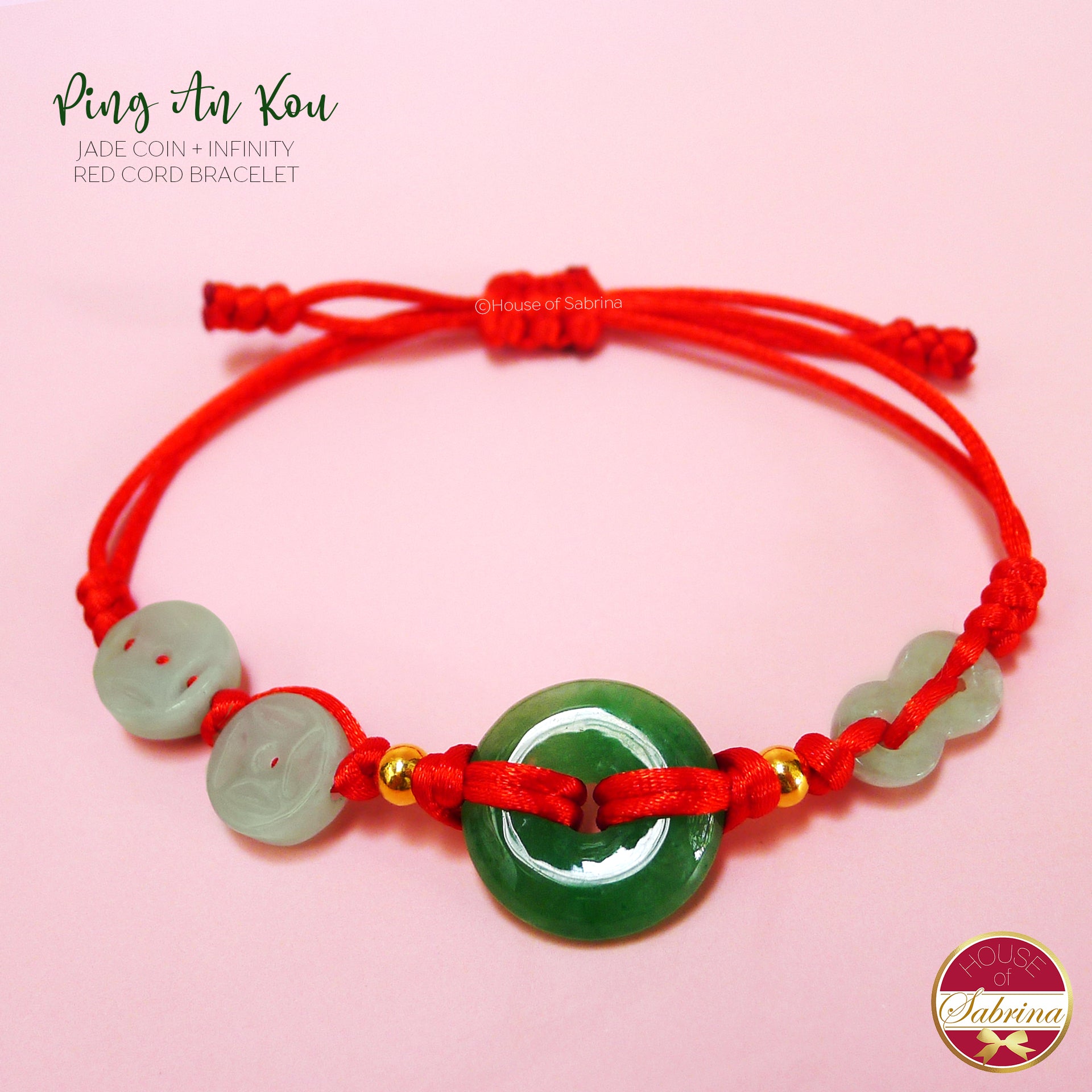 PING AN KOU JADE COIN INFINITY RED CORD BRACELET