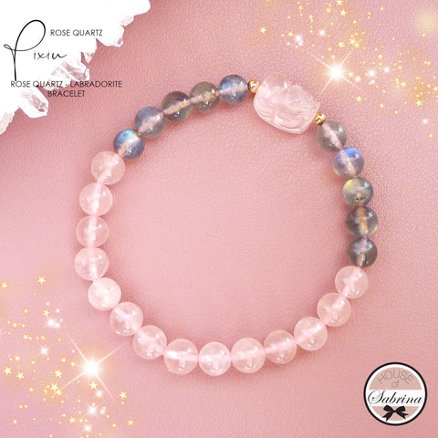 ROSE QUARTZ PIXIU WITH ROSE QUARTZ AND LABRADORITE GEMSTONE LUCKY CHARM BRACELET