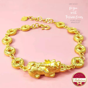 24K GOLD PI YAO WITH FORTUNE COINS PURE GOLD LUCKY CHARM BRACELET