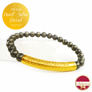 24K Gold Heart Sutra Barrel on 6mm Pyrite Gemstone Bracelet