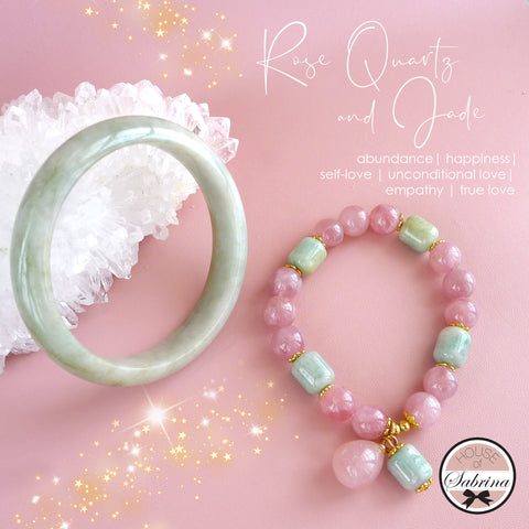 HIGH GRADE ROSE QUARTZ AND BURMESE JADE BRACELET AND BANGLE SET