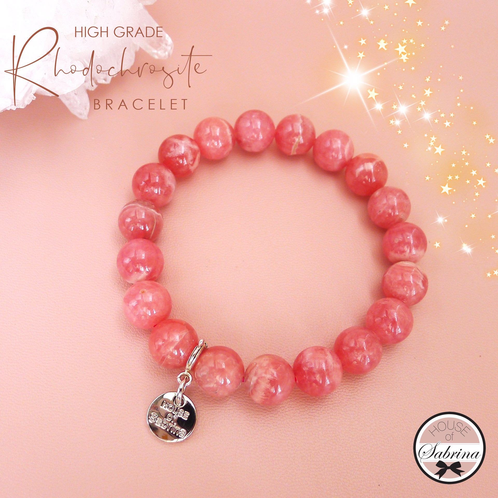 HIGH GRADE 10mm RHODOCHROSITE GEMSTONE LUCKY CHARM BRACELET