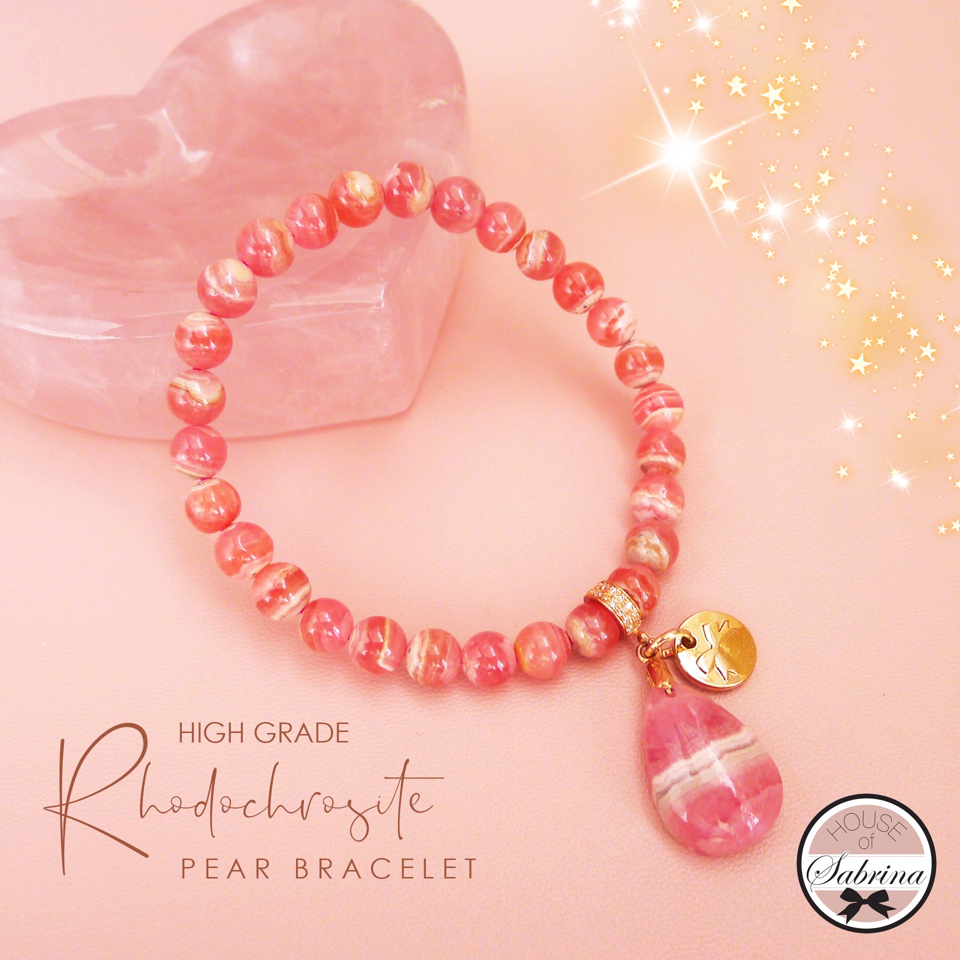 HIGH GRADE RHODOCHROSITE PEAR CHARM GEMSTONE BRACELET