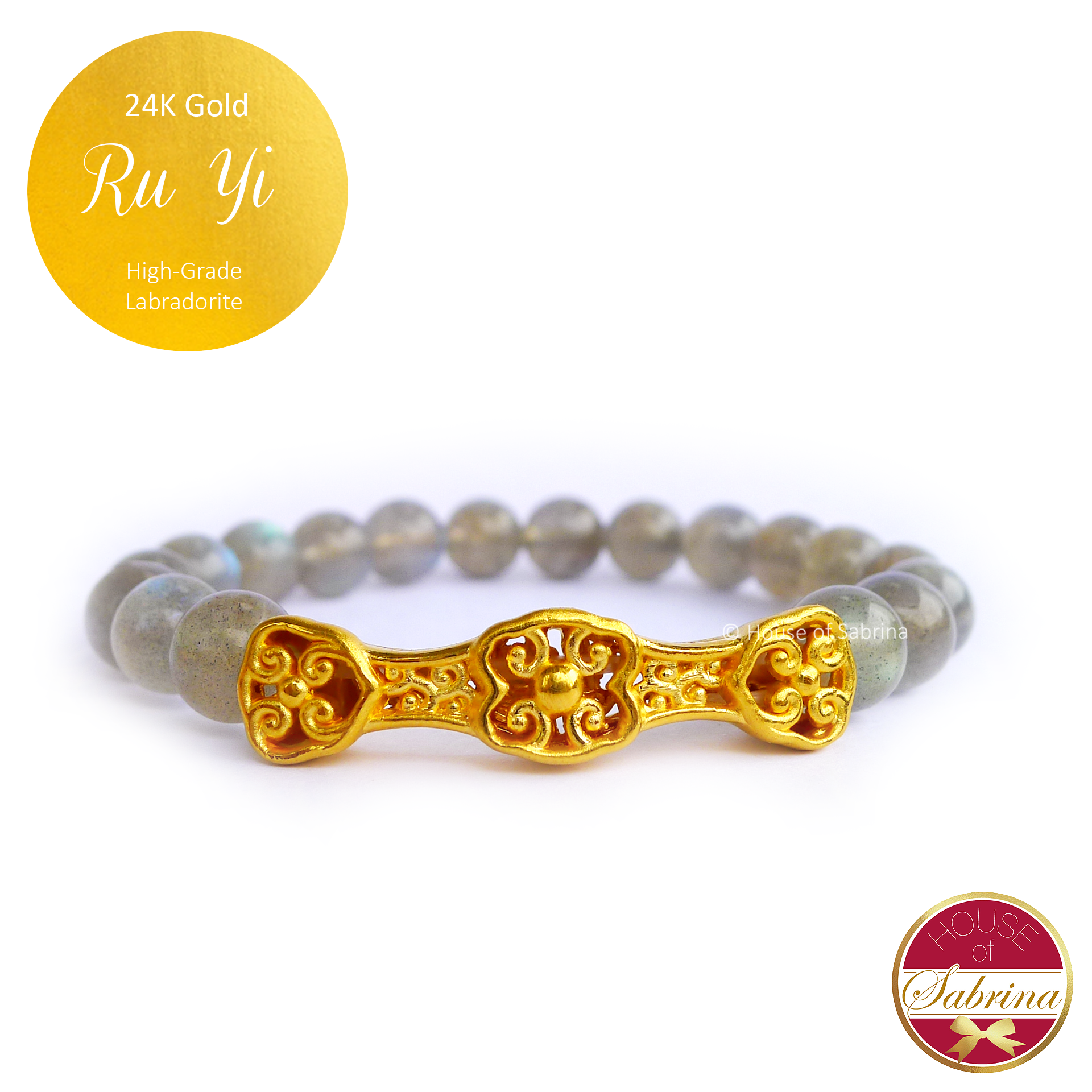 24K Gold Ru Yi on High Grade Labradorite Gemstone Bracelet