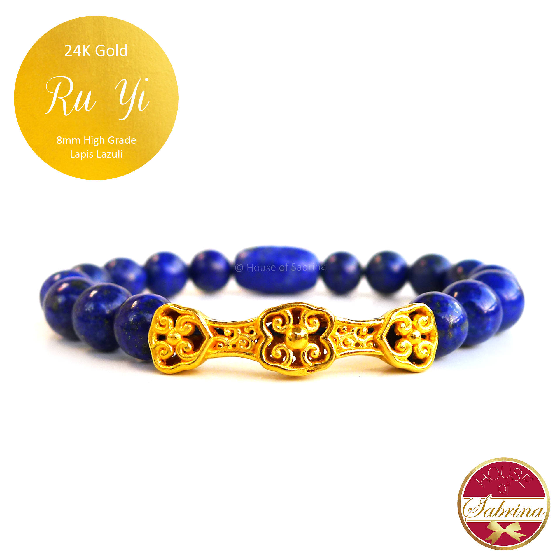 24K Gold Ru Yi on High Grade Lapis Lazuli Gemstone Bracelet