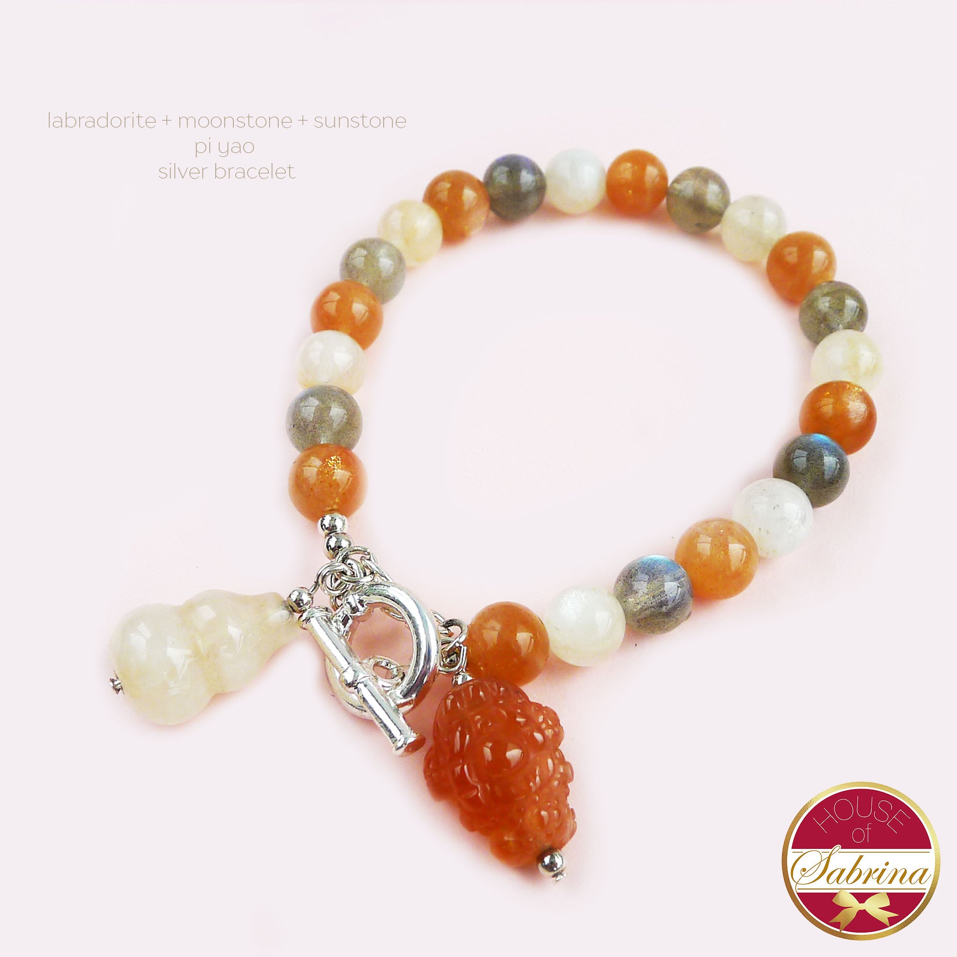 LABRADORITE  + MOONSTONE + SUNSTONE PI YAO SILVER GEMSTONE BRACELET