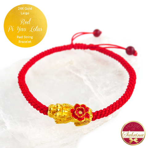 24K Gold Red Pi Yao Lotus (Large) on Lucky Red String Bracelet