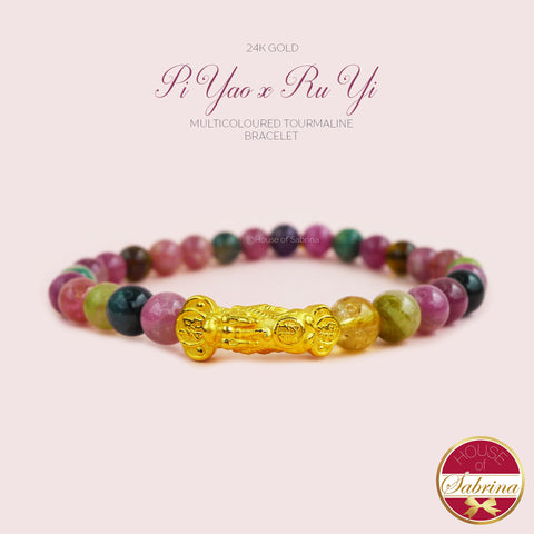 24K GOLD PI YAO  RU YI + 6MM HIGH GRADE MULTICOLOURED TOURMALINE BRACELET